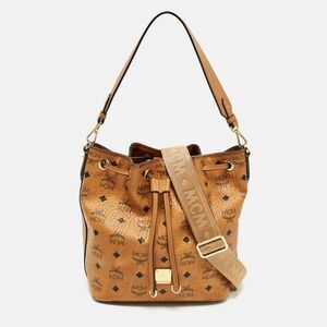Mcm Cognac Visetos Coated Canvas Drawstring Bucket Bag